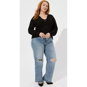 Torrid Tie Neck Pointelle Lace Open Knit‎ V Neck Sweater Black Size 2X Boho